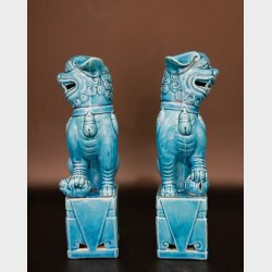 2 turquoise, rare chinese guardian lions - Foo Dogs