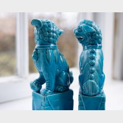 2 turquoise, rare chinese guardian lions - Foo Dogs