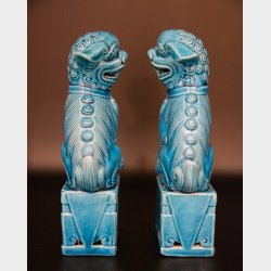 2 turquoise, rare chinese guardian lions - Foo Dogs