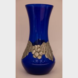 Elegant Cobalt Blue Glass Vase with Pewter Leaf Decoration