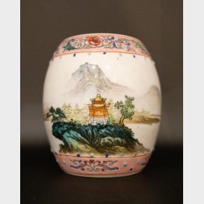 Vintage Chinese porcelain bowl with hand-painted landscape and pagoda scene