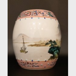 Vintage Chinese porcelain bowl with hand-painted landscape and pagoda scene