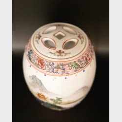 Vintage Chinese porcelain bowl with hand-painted landscape and pagoda scene