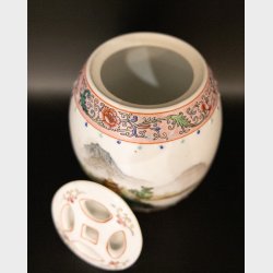 Vintage Chinese porcelain bowl with hand-painted landscape and pagoda scene