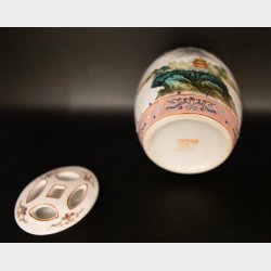 Vintage Chinese porcelain bowl with hand-painted landscape and pagoda scene