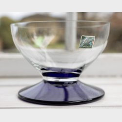 Vintage Glass Bowl with Cobalt Blue Foot � Scandinavian Style Art Glass Centerpiece, Clear &amp; Blue Pedestal Bowl