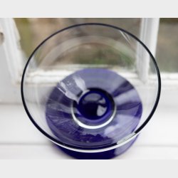 Vintage Glass Bowl with Cobalt Blue Foot � Scandinavian Style Art Glass Centerpiece, Clear &amp; Blue Pedestal Bowl