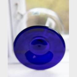 Vintage Glass Bowl with Cobalt Blue Foot � Scandinavian Style Art Glass Centerpiece, Clear &amp; Blue Pedestal Bowl