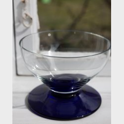 Vintage Glass Bowl with Cobalt Blue Foot � Scandinavian Style Art Glass Centerpiece, Clear &amp; Blue Pedestal Bowl