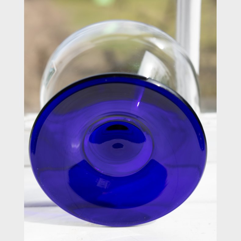 Vintage Glass Bowl with Cobalt Blue Foot � Scandinavian Style Art Glass Centerpiece, Clear &amp; Blue Pedestal Bowl