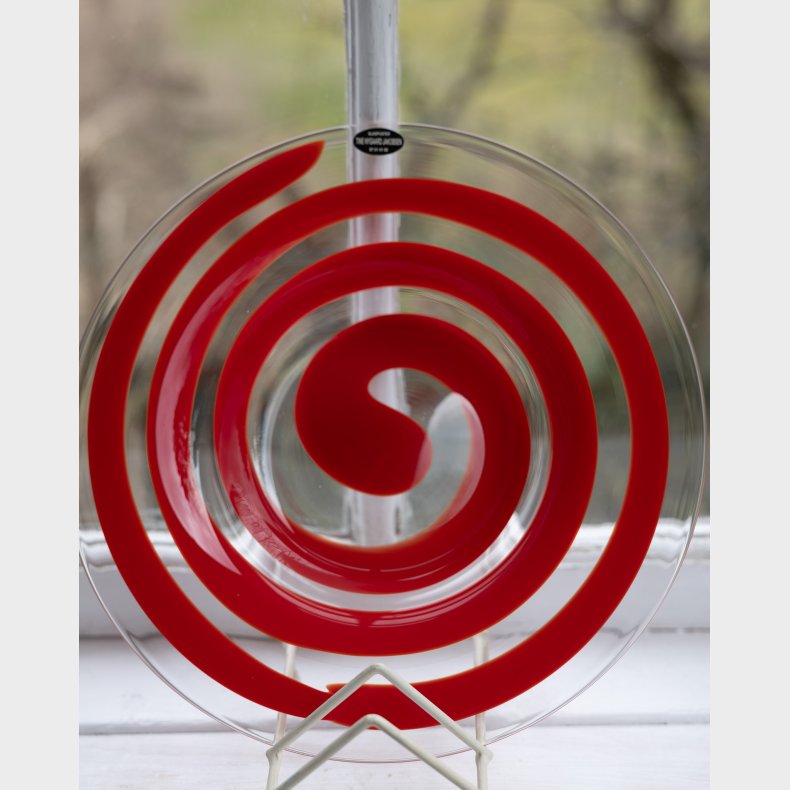 Vintage Art Glass Bowl with Red Spiral Design � Modern Decorative Glass Dish, Scandinavian Style Centerpiece (26 cm)