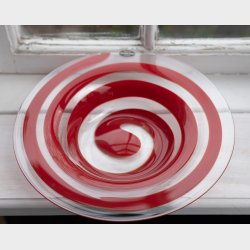 Vintage Art Glass Bowl with Red Spiral Design � Modern Decorative Glass Dish, Scandinavian Style Centerpiece (26 cm)