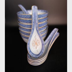Set of 6 Chinese Rice Grain Porcelain Bowls with Spoons � Blue &amp; White with Gold Rim � Translucent Rice Pattern � 11 x 6 cm