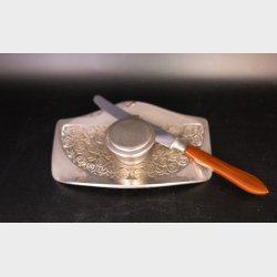 Vintage Silver Plated Inkwell with Letter Opener � Rose Decor Inkstand � Antique Desk Set