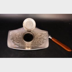 Vintage Silver Plated Inkwell with Letter Opener � Rose Decor Inkstand � Antique Desk Set