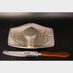 Vintage Silver Plated Inkwell with Letter Opener � Rose Decor Inkstand � Antique Desk Set