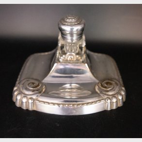 Antique Silver Plated Inkwell with Glass Insert � Vintage Desk Inkstand � Decorative Writing Accessory