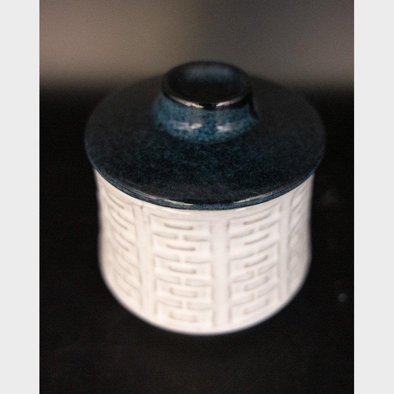 Vintage Scandinavian Ceramic Jar with Lid � Beautiful darkgreen Glazed Lid &amp; Geometric Relief Pattern � Small Storage Pot