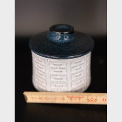 Vintage Scandinavian Ceramic Jar with Lid � Beautiful darkgreen Glazed Lid &amp; Geometric Relief Pattern � Small Storage Pot