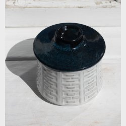 Vintage Scandinavian Ceramic Jar with Lid � Beautiful darkgreen Glazed Lid &amp; Geometric Relief Pattern � Small Storage Pot