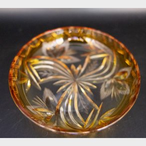 Vintage Amber Cut Crystal Bowl � Hand Cut Glass Dish with Floral Star Pattern � Small Decorative Bowl