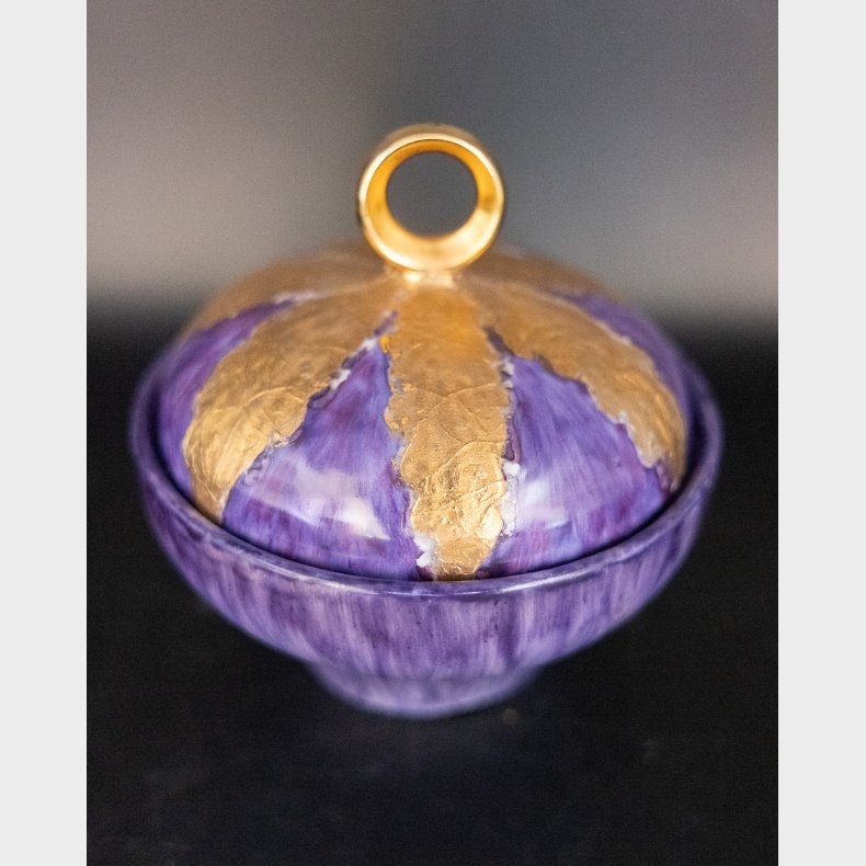 Vintage Hand-Painted Purple Ceramic Lidded Bowl � Signed �Greta Riis 1986 HM� � Decorative Studio Pottery