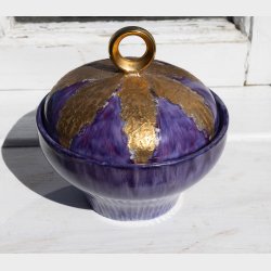 Vintage Hand-Painted Purple Ceramic Lidded Bowl � Signed �Greta Riis 1986 HM� � Decorative Studio Pottery