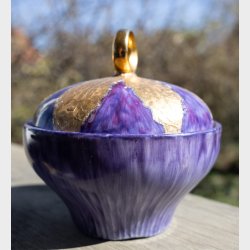Vintage Hand-Painted Purple Ceramic Lidded Bowl � Signed �Greta Riis 1986 HM� � Decorative Studio Pottery