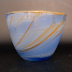 Vintage Murano Style Art Glass Bowl � Blue &amp; White Swirl with Amber Rim � Italian Studio Glass