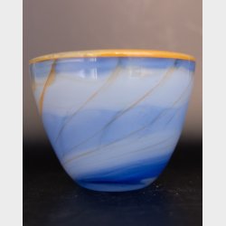 Vintage Murano Style Art Glass Bowl � Blue &amp; White Swirl with Amber Rim � Italian Studio Glass