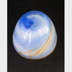 Vintage Murano Style Art Glass Bowl � Blue &amp; White Swirl with Amber Rim � Italian Studio Glass