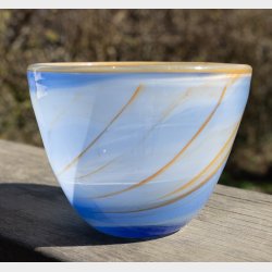 Vintage Murano Style Art Glass Bowl � Blue &amp; White Swirl with Amber Rim � Italian Studio Glass