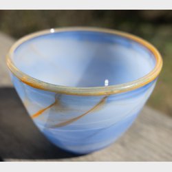 Vintage Murano Style Art Glass Bowl � Blue &amp; White Swirl with Amber Rim � Italian Studio Glass