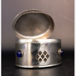 Metal Trinket Box with Blue Stone Cabochons � Decorative Jewelry Box � Mid Century Style