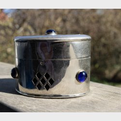 Metal Trinket Box with Blue Stone Cabochons � Decorative Jewelry Box � Mid Century Style