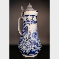 Large Vintage Stoneware Jug with Pewter Lid � Blue Relief Decor - West Germany