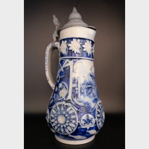 Large Vintage Stoneware Jug with Pewter Lid � Blue Relief Decor - West Germany