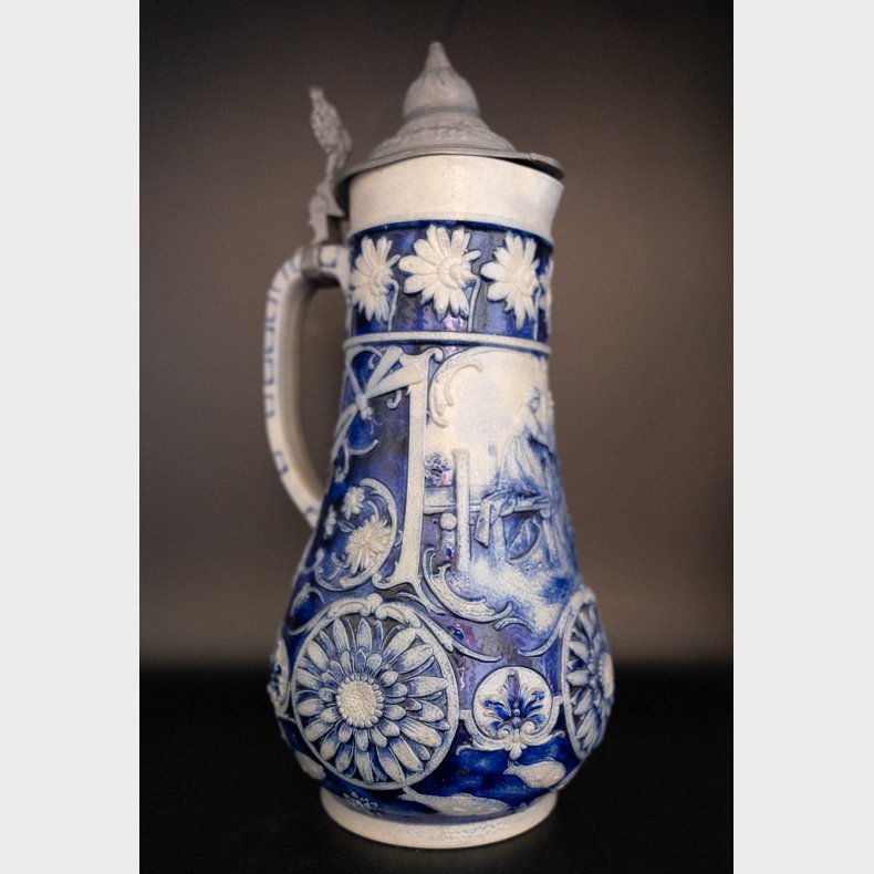 Large Vintage Stoneware Jug with Pewter Lid � Blue Relief Decor - West Germany