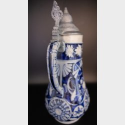 Large Vintage Stoneware Jug with Pewter Lid � Blue Relief Decor - West Germany