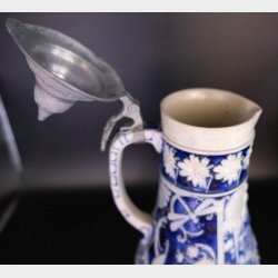 Large Vintage Stoneware Jug with Pewter Lid � Blue Relief Decor - West Germany
