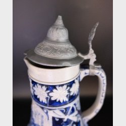 Large Vintage Stoneware Jug with Pewter Lid � Blue Relief Decor - West Germany