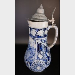 Large Vintage Stoneware Jug with Pewter Lid � Blue Relief Decor - West Germany