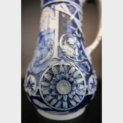Large Vintage Stoneware Jug with Pewter Lid � Blue Relief Decor - West Germany