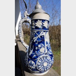 Large Vintage Stoneware Jug with Pewter Lid � Blue Relief Decor - West Germany