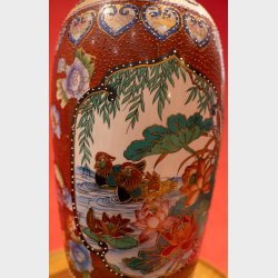 Large Antique Japanese Kutani Porcelain Vase � Hand Painted Red &amp; Gold Moriage Decor, Meiji period, 61 cm