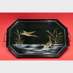 Vintage Chinese Lacquered Wood Tray with Brass Handles � Mother of Pearl Inlay Crane Motif, Beautiful Dark Green, 36.5 cm