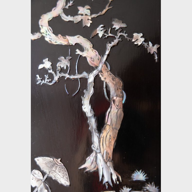 Vintage Chinese Lacquer Wall Panels Set of 4 � Mother of Pearl Inlay, Handcrafted Asian Wall Art, 48.5 cm