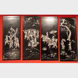 Vintage Chinese Lacquer Wall Panels Set of 4 � Mother of Pearl Inlay, Handcrafted Asian Wall Art, 48.5 cm