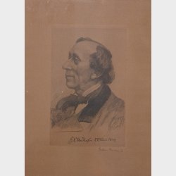 Vintage H.C. Andersen Portrait Print � Framed Lithograph, Danish Author Art, 42 cm