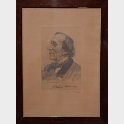 Vintage H.C. Andersen Portrait Print � Framed Lithograph, Danish Author Art, 42 cm